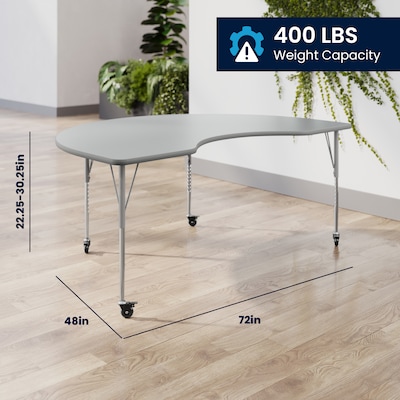 Flash Furniture Wren Kidney Activity Table, 72" x 48", Height Adjustable, Gray Top/Silver Frame (XUA4872KDGYTAC)