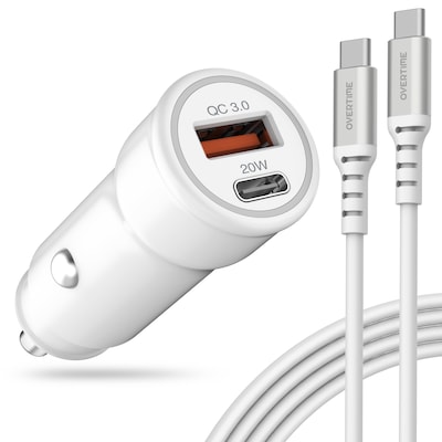 Overtime 38W Car Charger and 6-Foot USB-C to USB-C Cable Bundle, White (OTC2PD6TC)