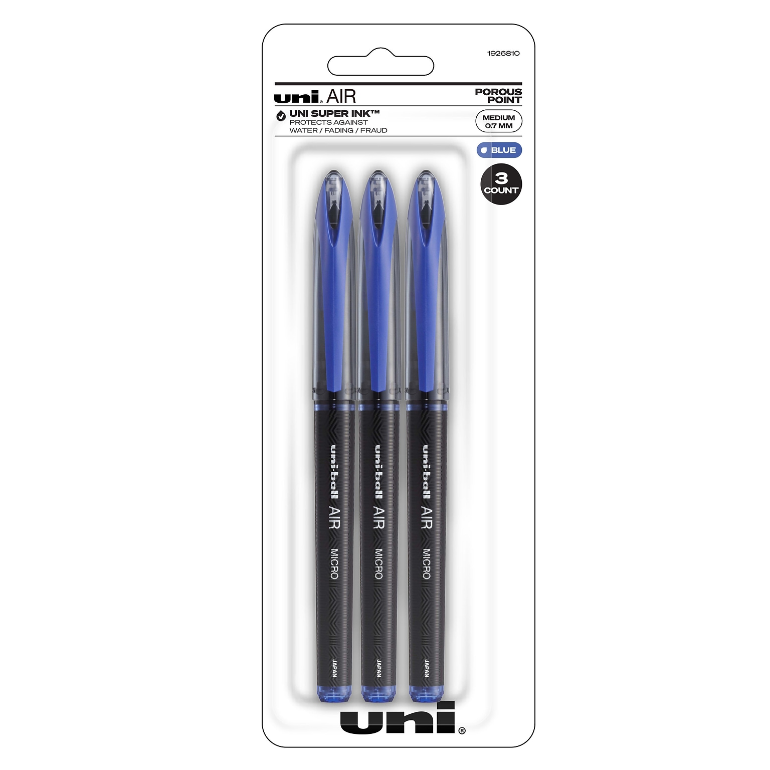 uni AIR Porous Point Pens, Medium Point, 0.7mm, Blue Ink, 3/Pack (1926810)