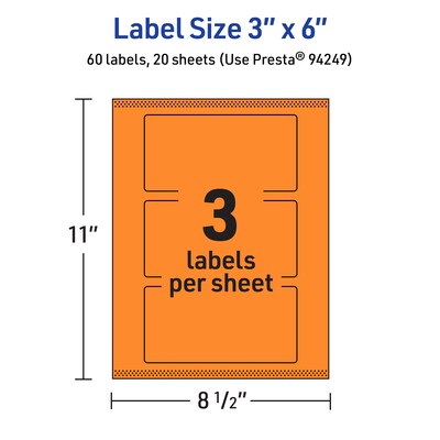 Avery Laser/Inkjet Multipurpose Rectangle Labels, 3" x 6", Bright Orange, 60/Pack (94249)
