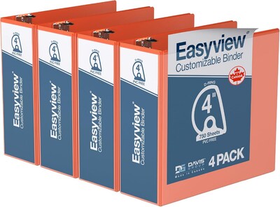 Davis Group Easyview Premium 4 Angle D Ring, Customizable, View Binder, Orange, 4/Pack (8406-19)