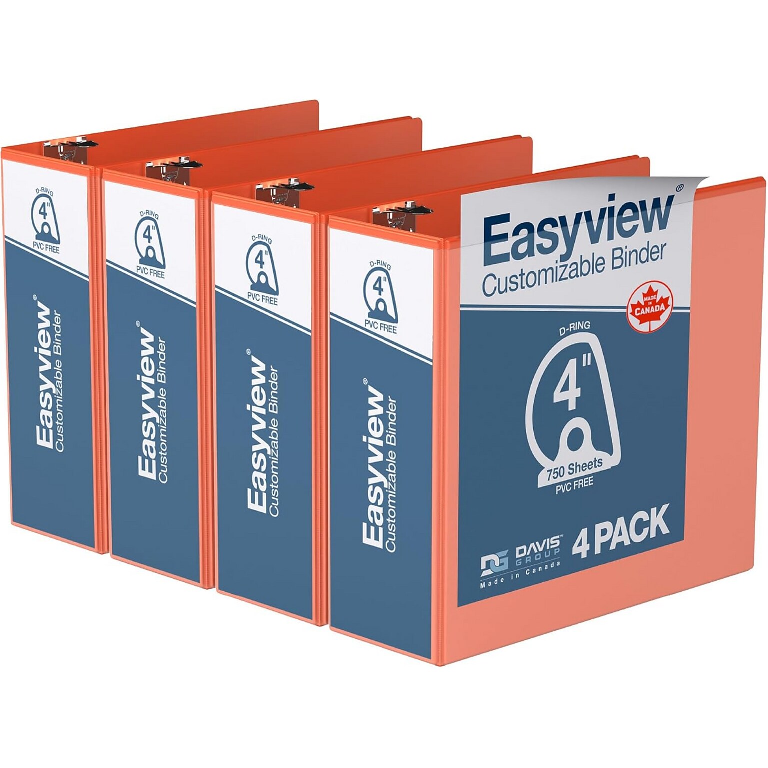 Davis Group Easyview Premium 4 Angle D Ring, Customizable, View Binder, Orange, 4/Pack (8406-19)