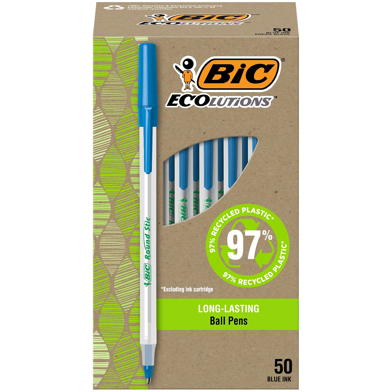 BIC Ecolutions Round Stic Ballpoint Pens, Medium Point, Blue Ink, 50/Pack (GSME509-BLU)