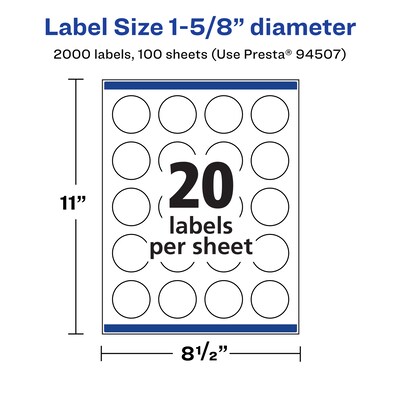 Avery Laser/Inkjet Circle  Waterproof Multipurpose Labels, 1.625"  Dia, White, 2000/Box (94507)
