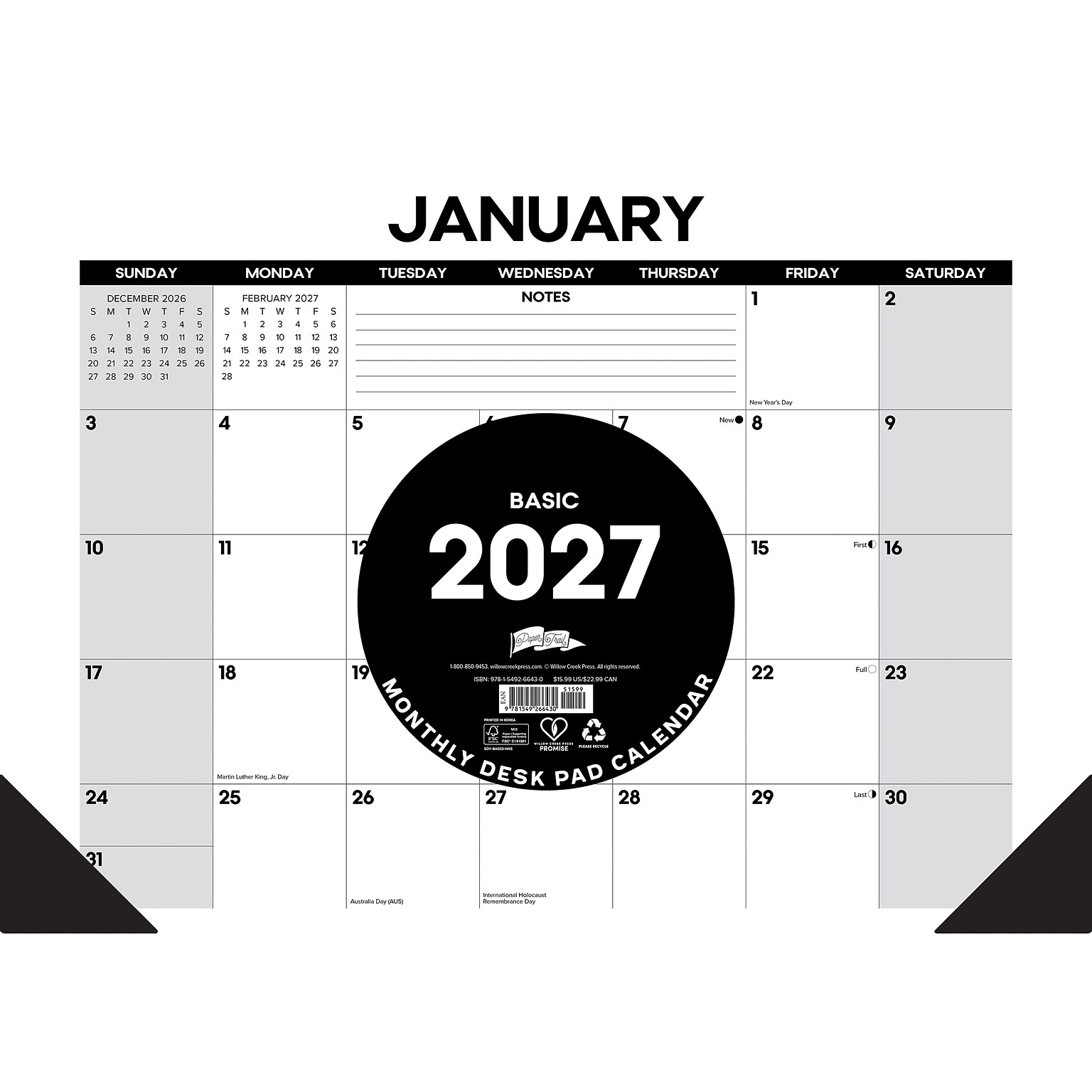 2027 Willow Creek Basic 17 x 12 Monthly Desk Pad Calendar, Assorted Colors (66430)