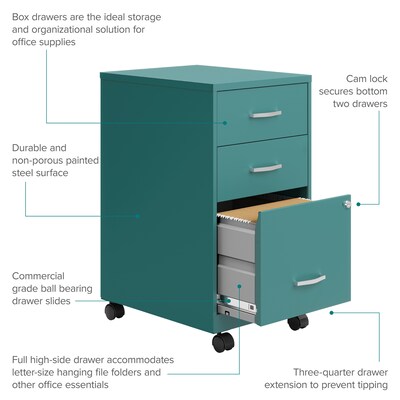 Space Solutions 3-Drawer Mobile Vertical File Cabinet, Letter Size, Lockable, 26.7"H x 14.25"W x 18"D, Teal (24431)