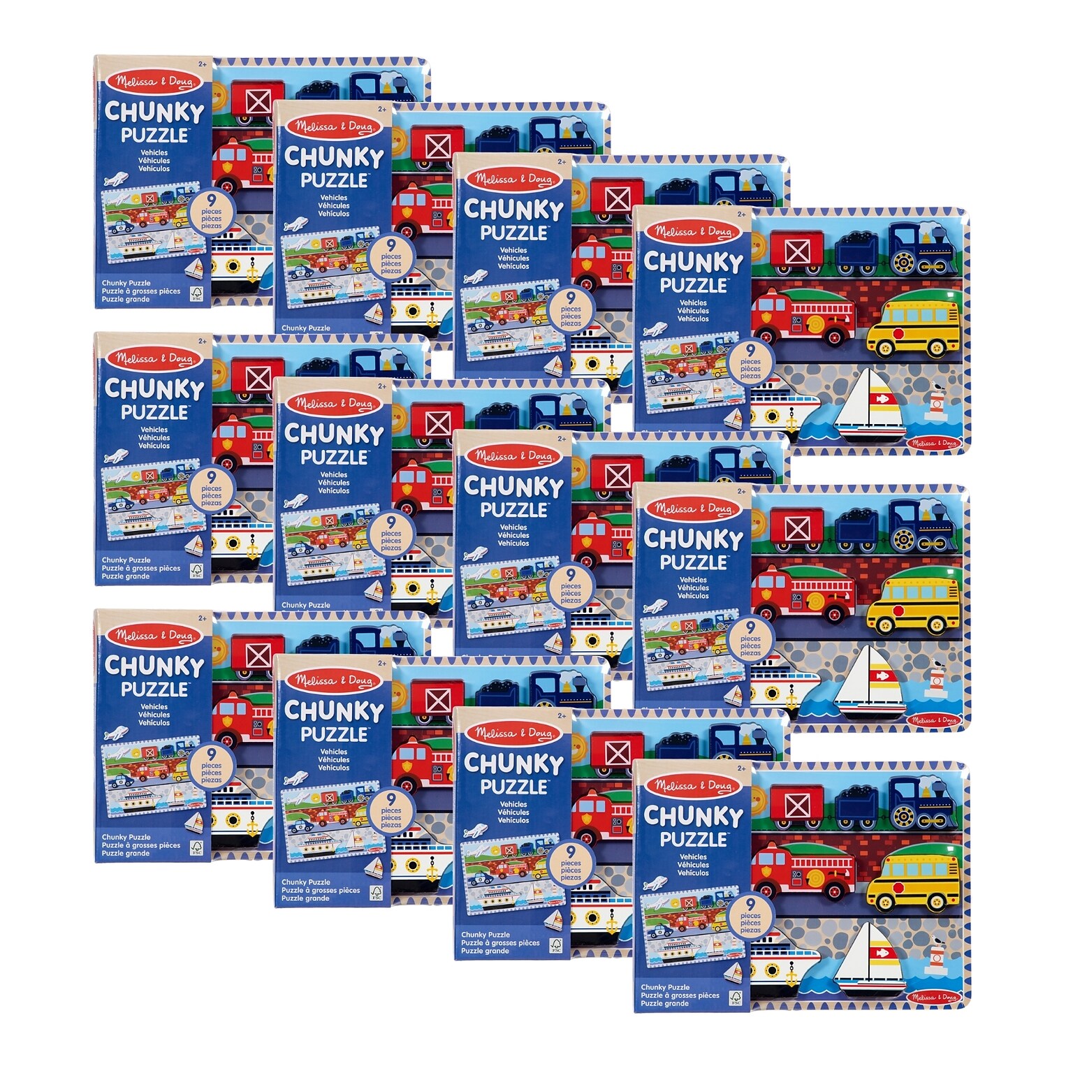 Melissa & Doug 9-Piece Vehicles Wooden Chunky Puzzle, 12 Puzzles/Pack (50227-CASE)