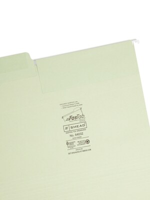 Smead FasTab Recycled Hanging File Folder, 3-Tab Tab, Letter Size, Moss, 20/Box (64032)