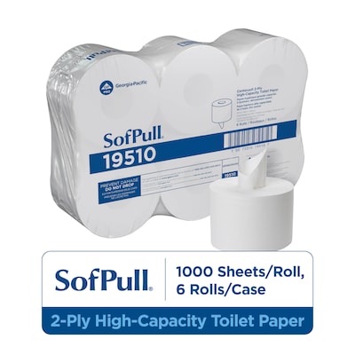 SofPull CenterPull Toilet Paper, 2-Ply, White, 1000 Sheets/Roll, 6 Rolls/Carton (19510)