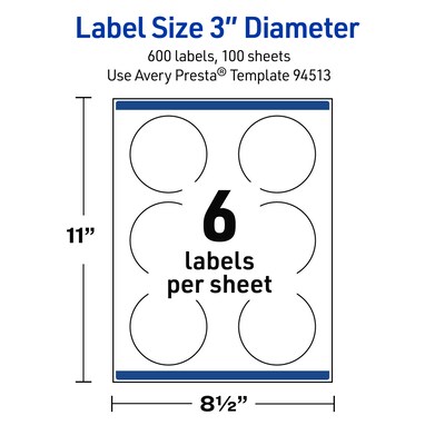 Avery Waterproof Round Laser Multipurpose Labels, 3" Dia., White, 600/Box (19479399451)