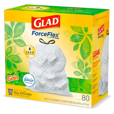 Glad OdorShield 13 Gallon Kitchen Trash Bag, 24" x 27.36", Low Density, 0.78 mil, Gain Original, White, 80 Bags/Box (78900)