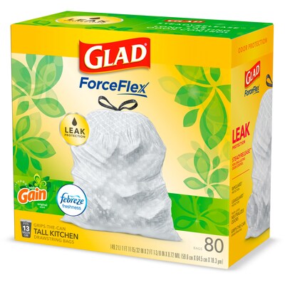 Glad ForceFlex Tall Kitchen Drawstring Trash Bags Unscented, 13 Gallon  White