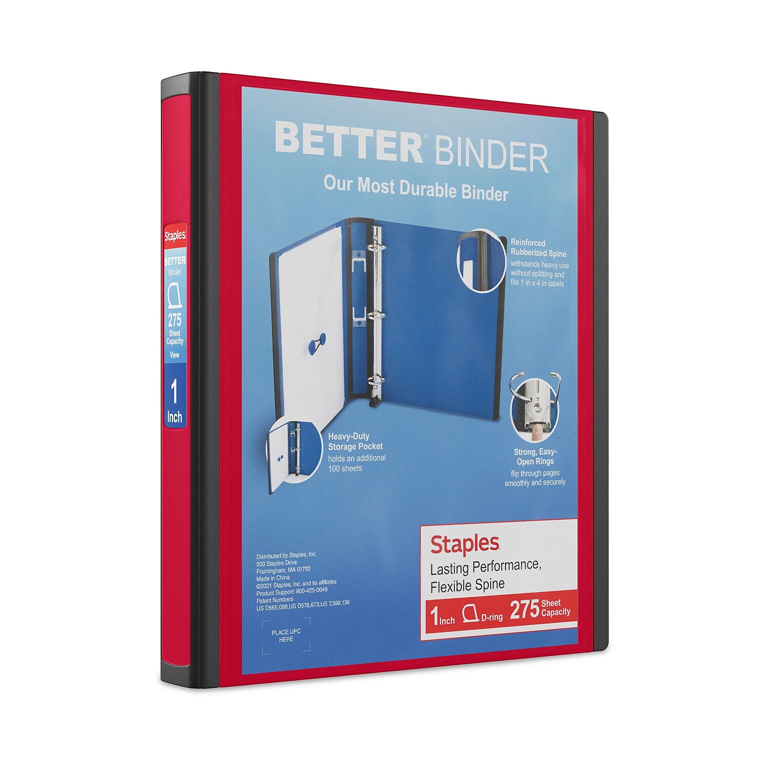 Staples Heavy Duty 1 3-Ring Better Binder, D-Ring, Red (ST55844-CC)