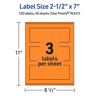 Avery Rectangle Laser/Inkjet Multipurpose Labels, 2.5" x 7", Bright Orange (120/Box)