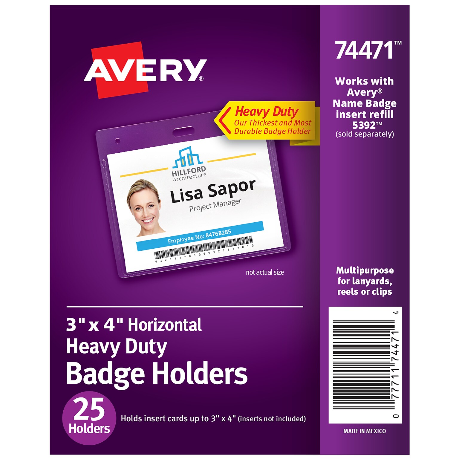 Avery Secure Top Heavy Duty Multiuse Badge Holders, 3 x 4, Clear Landscape Holders, 25/Pack (74471)