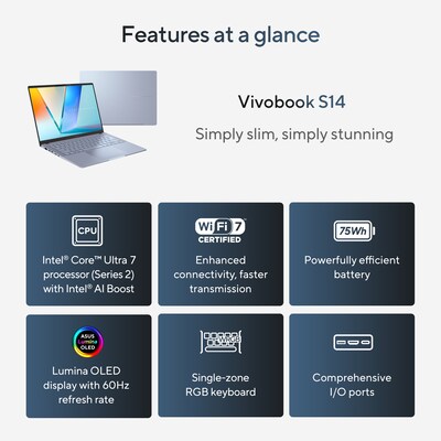 ASUS Vivobook S 14 OLED 14" Laptop, Copilot+ PC, Intel Core Ultra 7 258V, 16GB RAM, 1TB SSD, 17 Hour Battery, Windows 11 Home