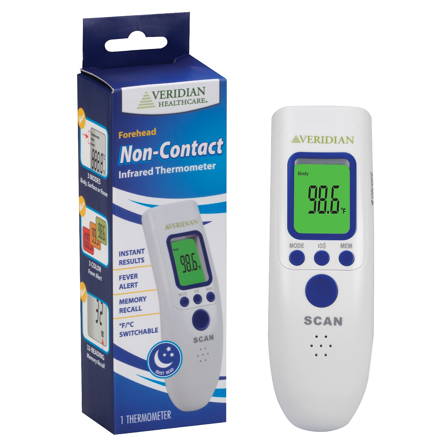 Veridian Non Contact Infrared Digital Temporal Thermometer, White (09-183)