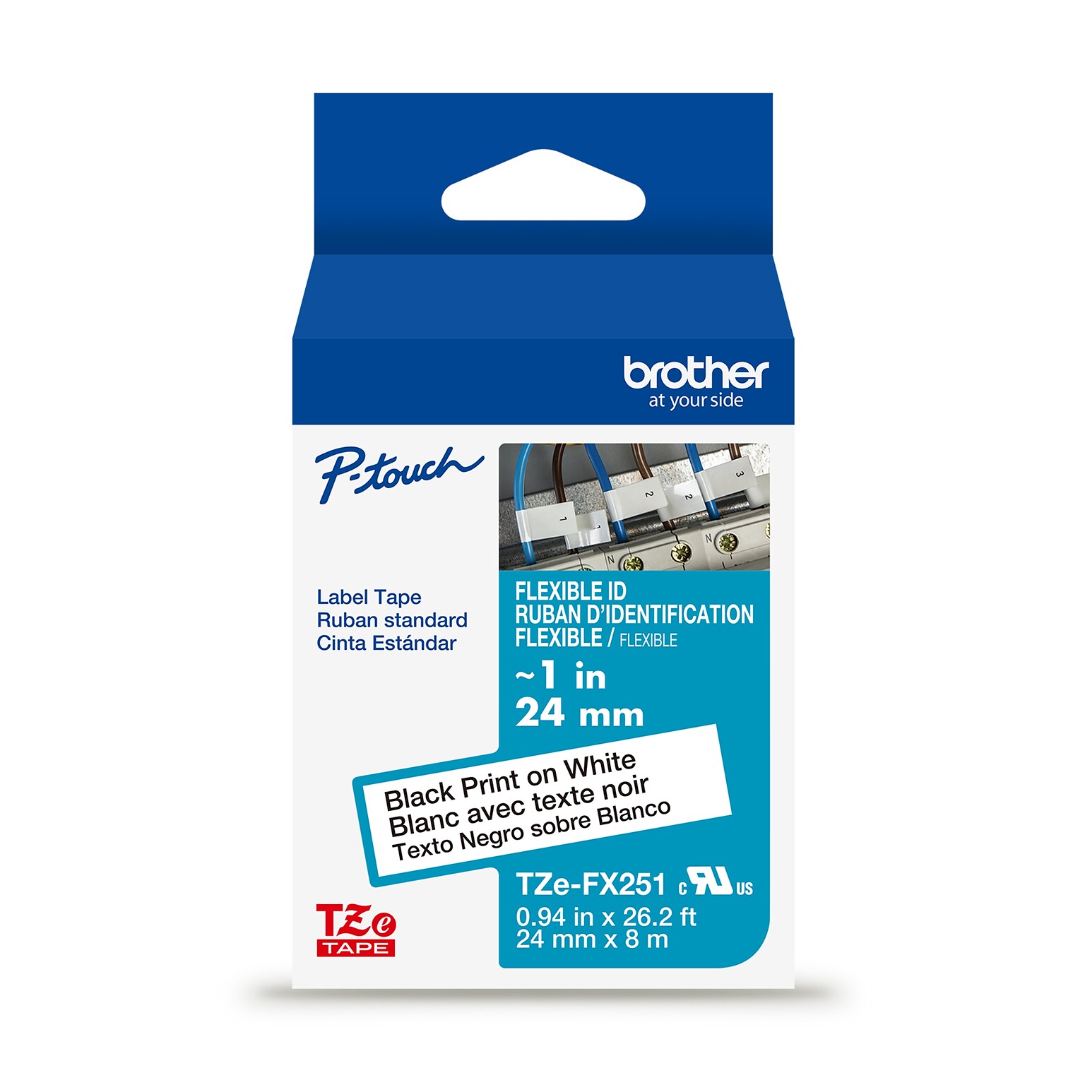 Brother P-touch Flexible ID Laminated Label Tape, ~1 x 26.2, Black on White (TZeFX251)