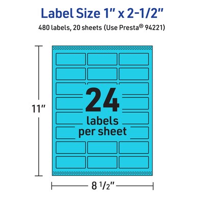 Avery Rectangle Multipurpose Labels, 1" x 2.5", Bright Blue, 480/Pack (94221)
