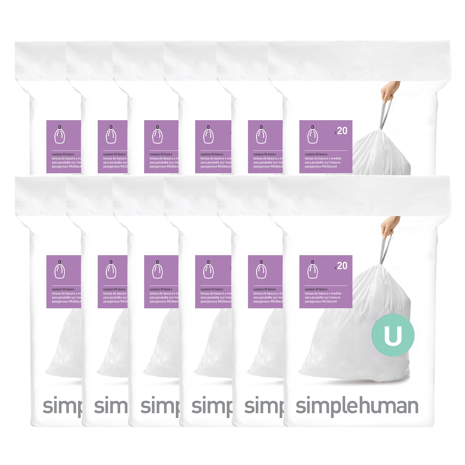 simplehuman Code U 14.5-21 Gallon Trash Bag, 50% PCR, 26.5 x 37, Low Density, 1.18 mil, White, 240 Total Bags (CW0265)