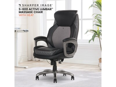 Sharper Image S-600 Active Lumbar Heated Ergonomic Bonded Leather Swivel Executive Massage Chair, Black (60098-BLK)