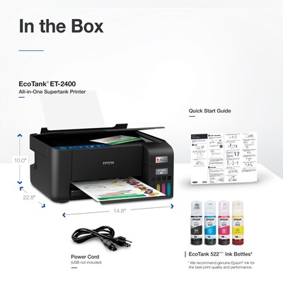 Epson EcoTank ET-2400 Wireless Color Inkjet Printer, All-In-One Supertank, Print, Scan, Copy (9592581)