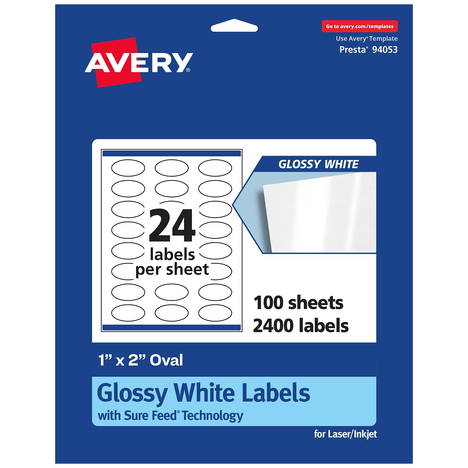 Avery Laser/Inkjet Oval Multipurpose Labels, 2  Dia, Glossy White, 2400/Box (94053)