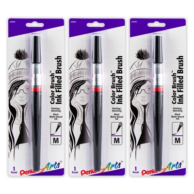 Pentel Arts Color Brush with Water-Based Ink, Medium Tip, Black, 3/Pack (PTAGFLBP101-3)