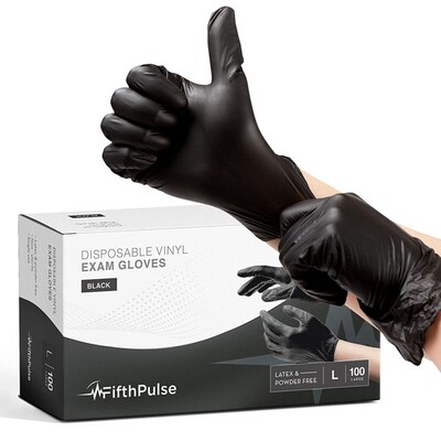 FifthPulse Powder Free Vinyl Exam Gloves, Latex Free, Large, Black, 100/Box (FMN100035)
