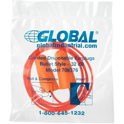 Global Industrial Bullet Earplugs, Tapered, Corded, NRR 32 dB, 100 Pairs/Box (708376)