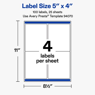 Avery Rectangle Laser/Inkjet Multipurpose Labels, White, 4 Labels/Sheet, 25 Sheets/Pack (19479311263)