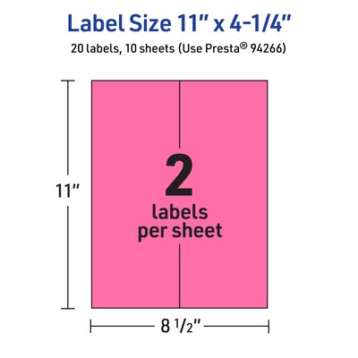 Avery Laser/Inkjet Rectangle Multipurpose Labels, 11" x 4.25", Bright Pink, 20/Pack (94266)