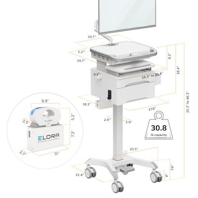 Mount-It! MedHub Powered Medical Cart with 2 Lockable Drawers, Monitor Arm, Scanner & Wipes Holders, White/Gray (MI-16066)
