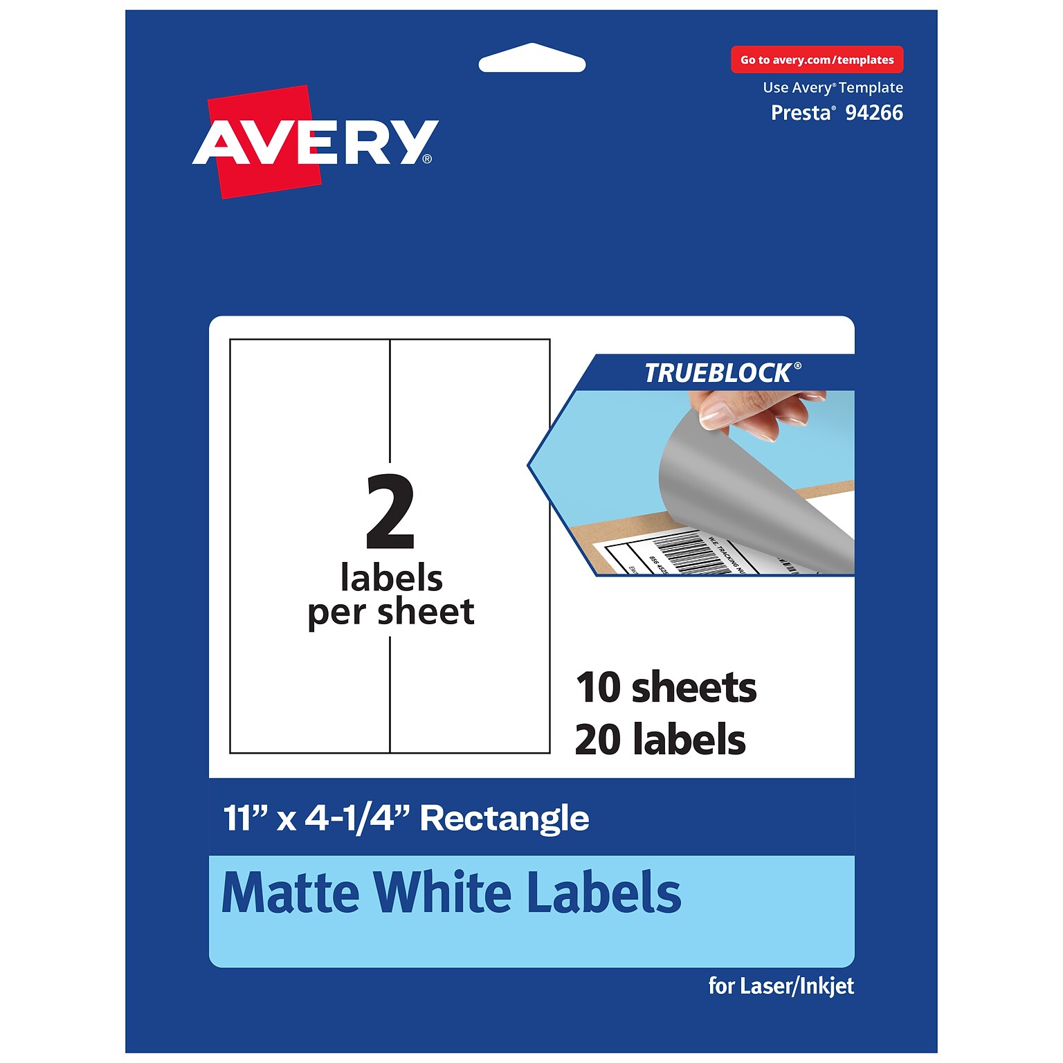 Avery TrueBlock Laser/Inkjet Rectangle Multipurpose Labels, 11 x 4.25, White, 20/Pack (94266)