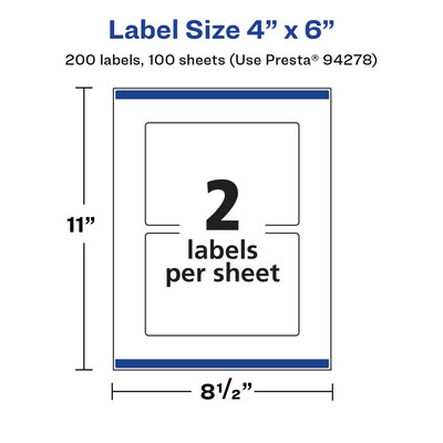 Avery Laser/Inkjet Rectangle Multipurpose Labels, 4" x 6", Glossy White, 200 Labels/Box (94278)