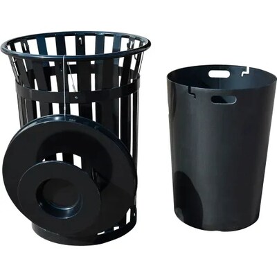 Global Industrial Outdoor Slatted Steel Trash Can w/ Ashtray Lid, 36 Gallon, Black (641632BK)