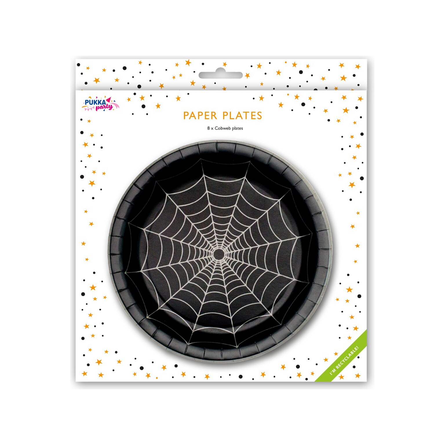 Pukka Party Spider Halloween Paper Plates, Black, 8/Pack (PTY558)