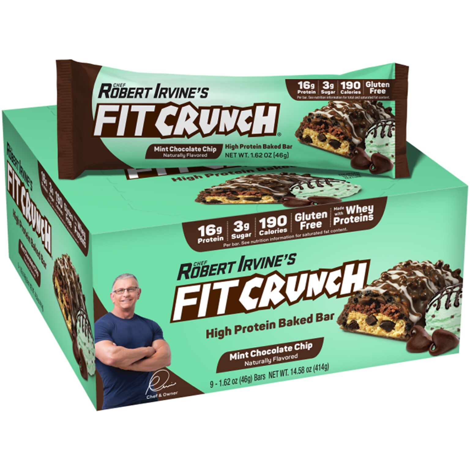 FITCRUNCH Gluten-Free Mint Chocolate Chip High-Protein Baked Bar, 1.62 oz., 9 Bars/Box (FC207E)