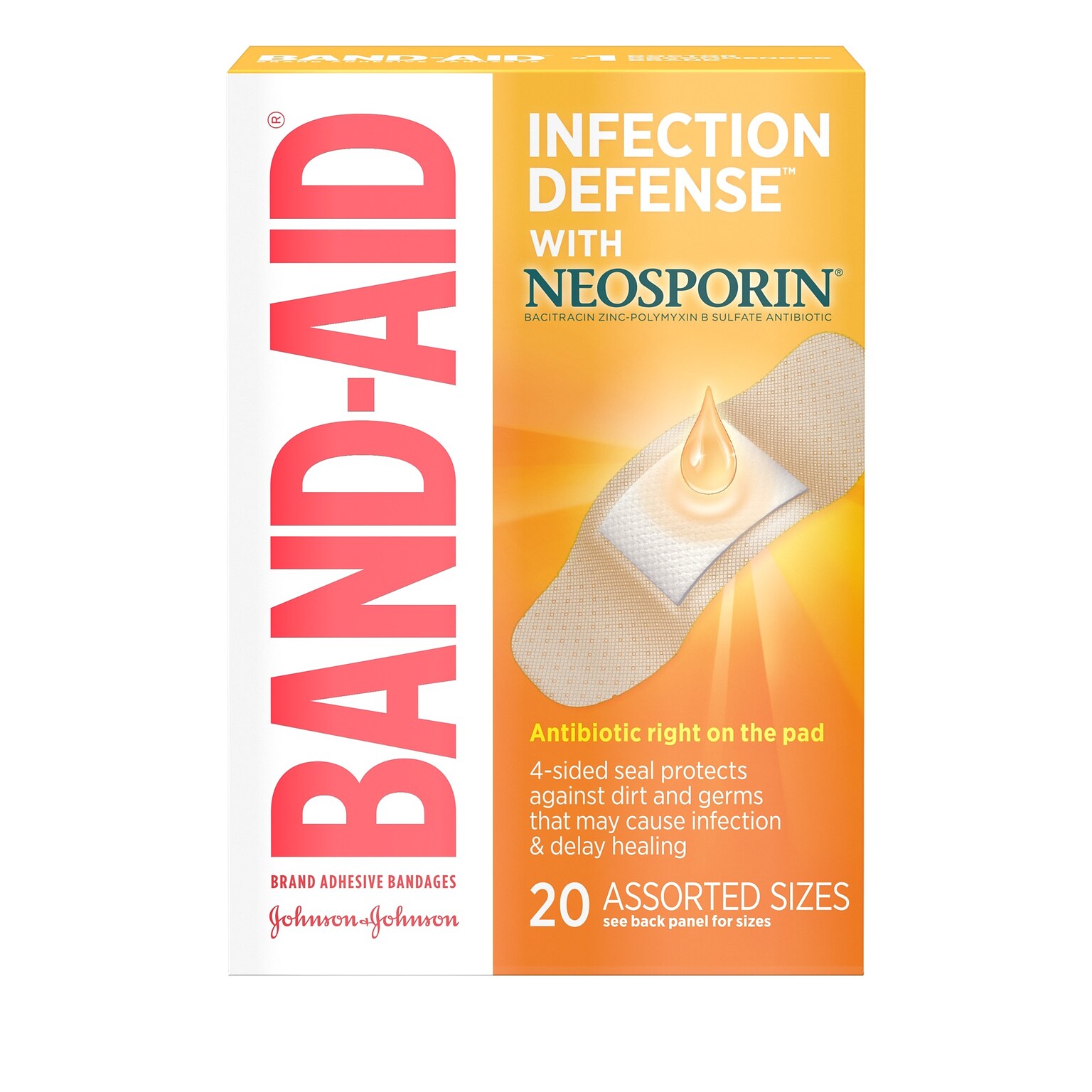 Band-Aid Brand Adhesive Bandages Infection Defense with Neosporin, Assorted Sizes, 20 Count (507516)