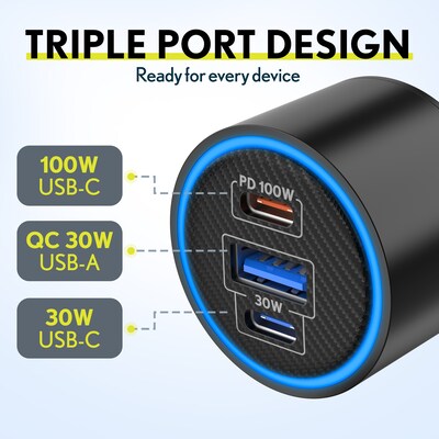 Overtime A60 130W 3-Port USB-C and USB-A Car Phone Charger, Black (OCA60BK)