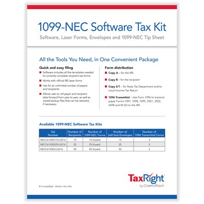 TaxRight 2025 1099-NEC Tax Form Tax Forms, Envelopes, TipSheet & Software, 4-Part, 50/Pack (NECSC6103ES)