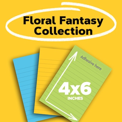 Post-it Notes, 4" x 6", Floral Fantasy Collection, Lined, 100 Sheet/Pad, 3 Pads/Pack (6603AU)