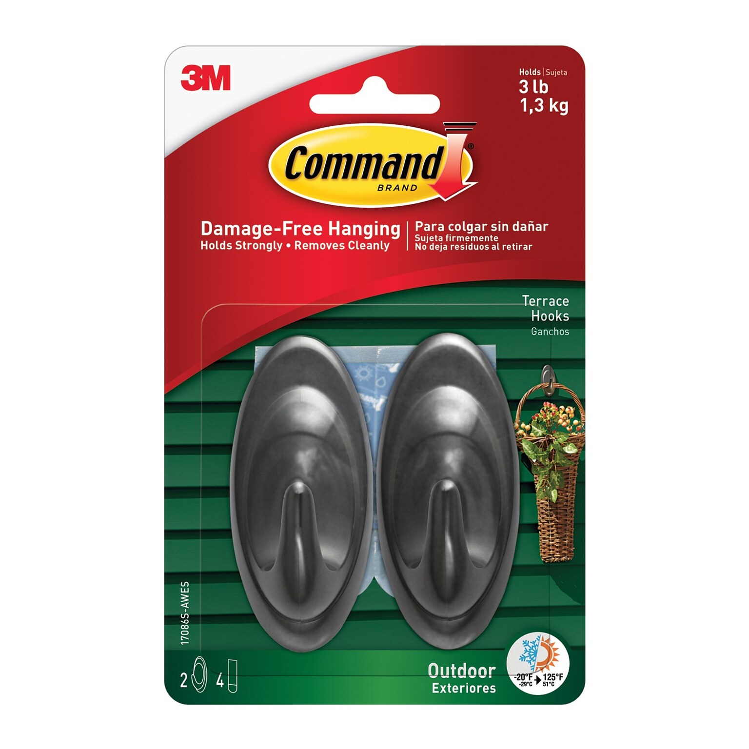 Command  Medium Terrace Hooks, 3 lb., Slate, 2/Pack (17086S-AWES)