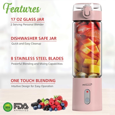 Brentwood 17-Oz. Portable Battery-Operated USB-Chargeable Glass Blender, Pink (RJB-100PK)