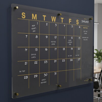 Excello Brands Acrylic Dry-Erase Calendar Whiteboard, 20" x 30", Gold Print (ACRYLBRD-CAL20X30-GLD)
