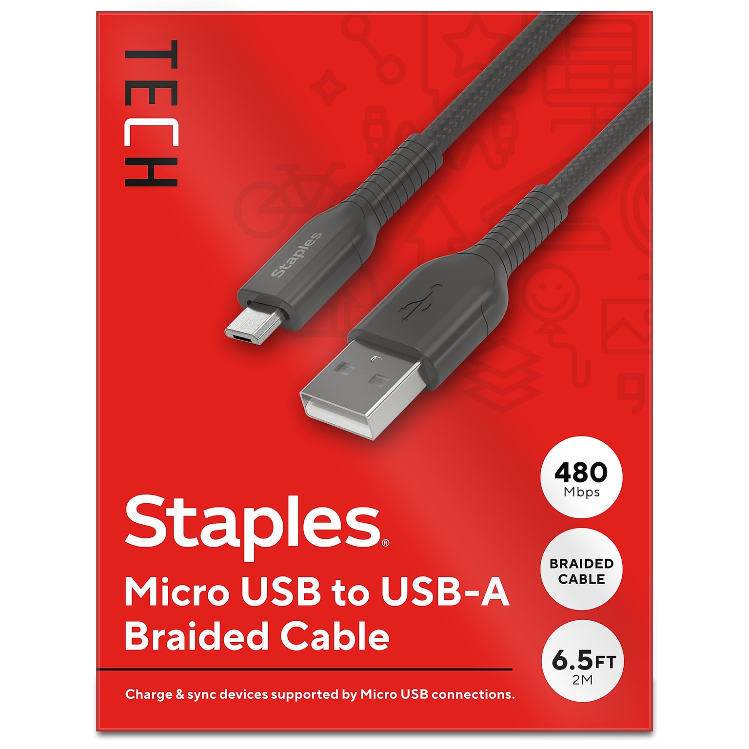 Staples TECH Micro USB to USB-A Charging Cable, 6.5 ft., Black (ST62328)