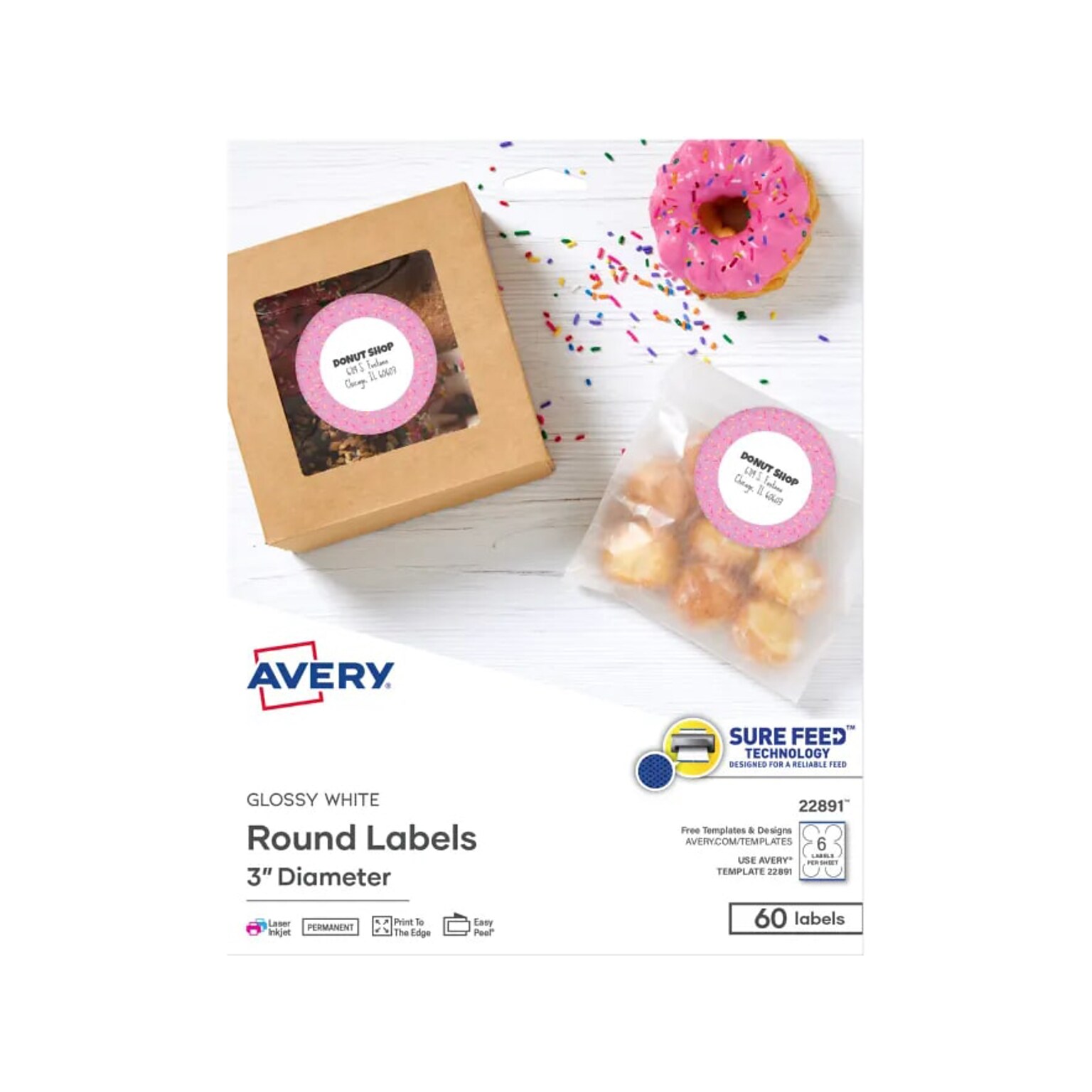 Avery Sure Feed Laser/Inkjet Round Labels, 3 Dia, Glossy White, 60 Labels/Pack (22891)