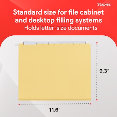Staples® Hanging File Folders, 1/5-Cut Tab, Letter Size, Yellow, 25/Box (ST163519-CC)