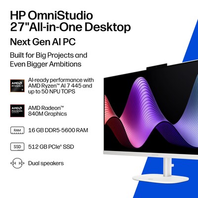HP OmniStudio 27 All-in-One AI PC, AMD Ryzen AI 7 445, AMD Radeon 840M Graphics, 16GB RAM, 512GB SSD, Windows 11 Home