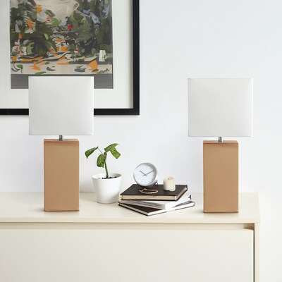 Lalia Home Lexington 21" 2-Pack Leather Base Modern Bedside Table Lamp Set, White Fabric Shade, Beige (LHT-3008-BG-2PK)